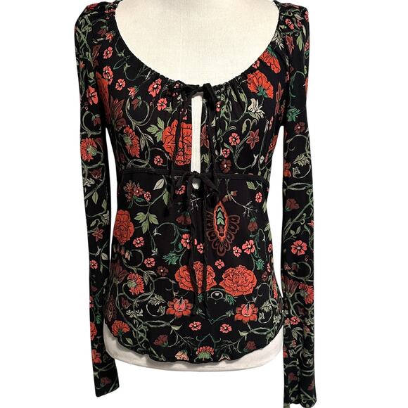 Free People Make it Easy Top Womens Large Black Floral Tie Front Cutout Blouse - Picture 2 of 9
